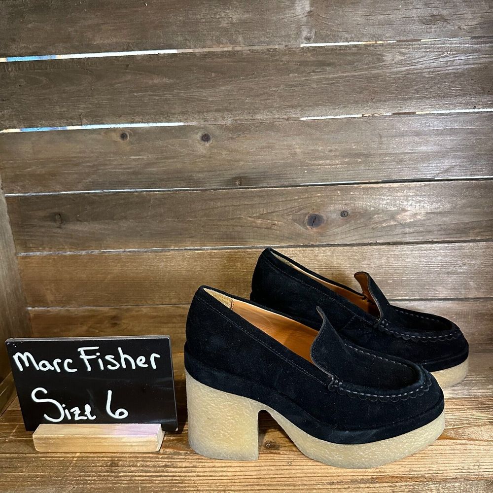 Womens Marc Fisher Lina Black Suede Platform Block Heel Loafers Size 6 M Guc
